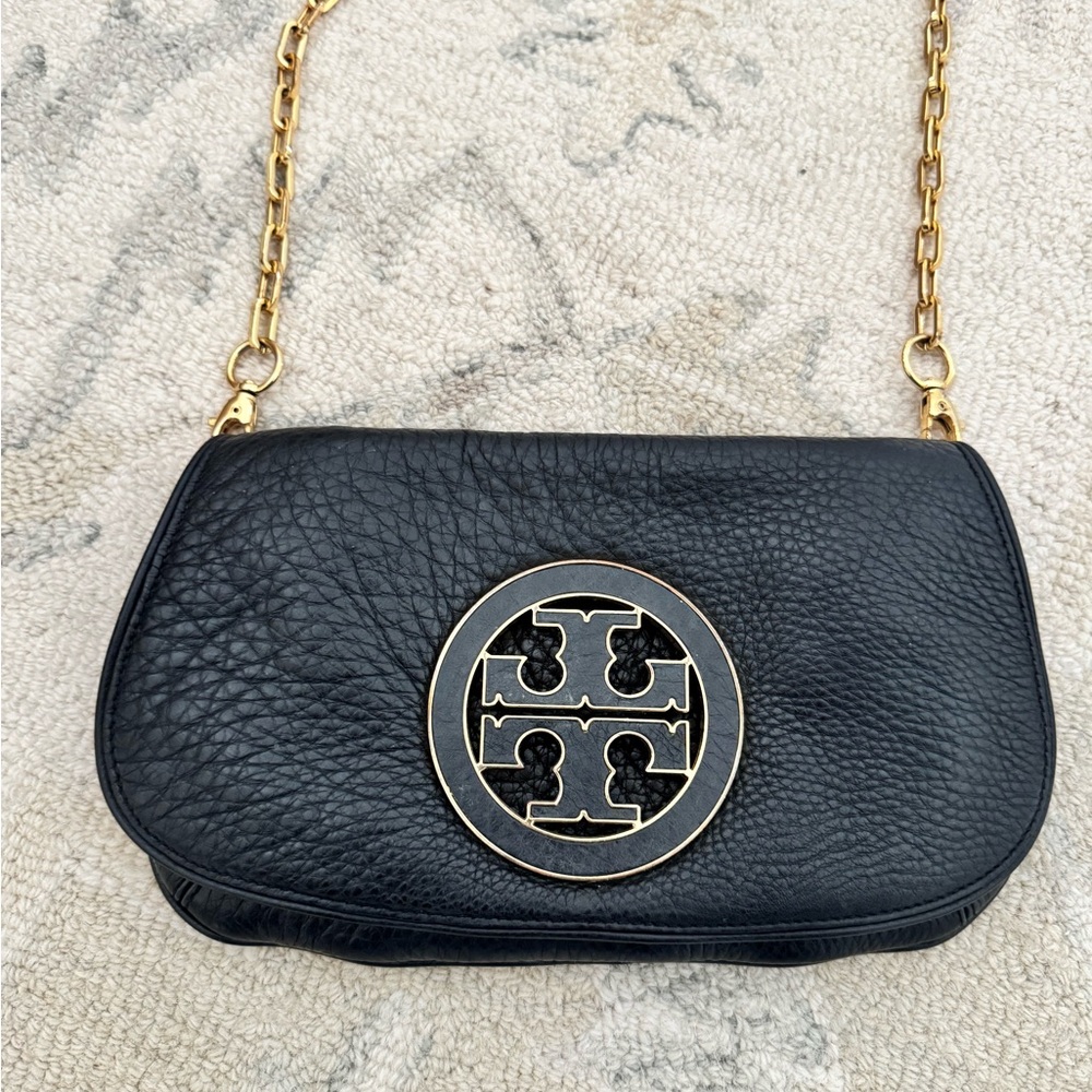 Tory Burch Black Leather Crossbody with Gold Chain